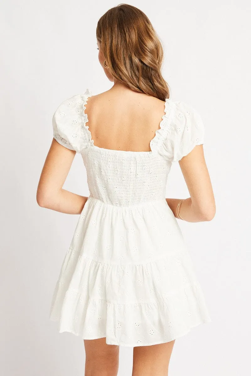White Fit And Flare Dress Short Sleeve Eyelet Fabric