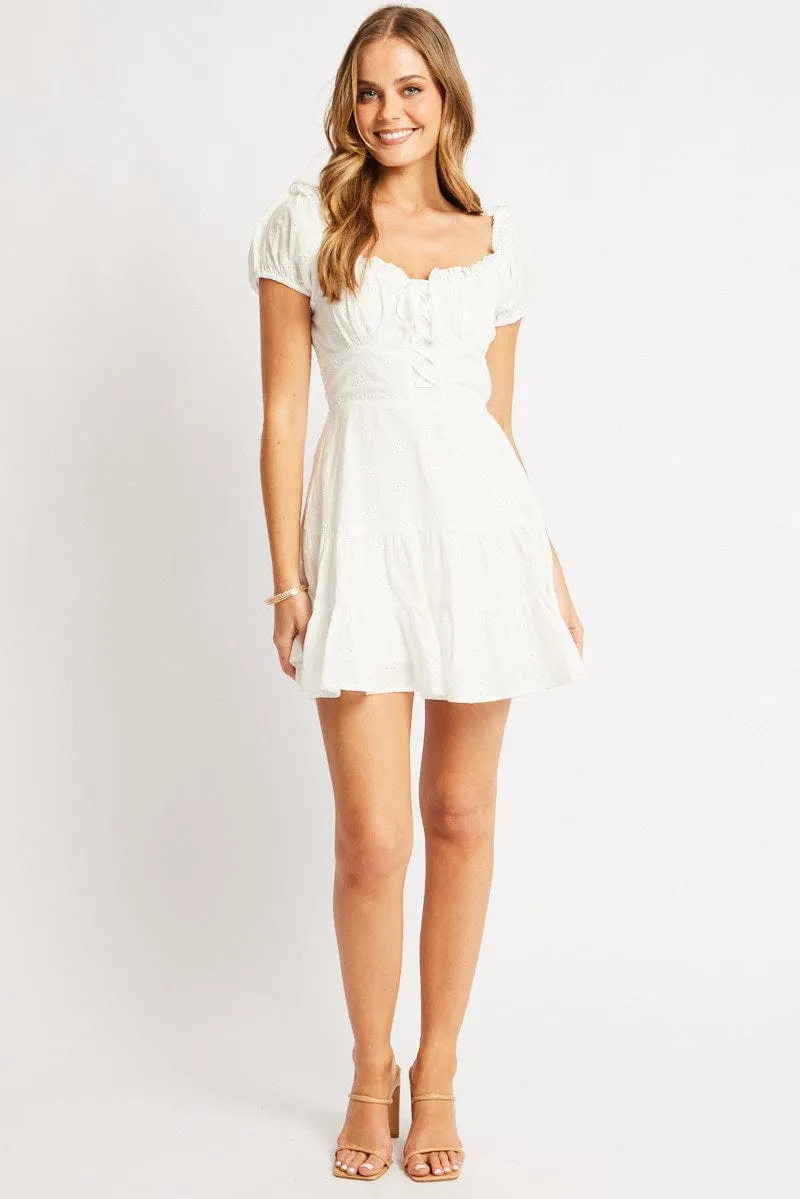 White Fit And Flare Dress Short Sleeve Eyelet Fabric