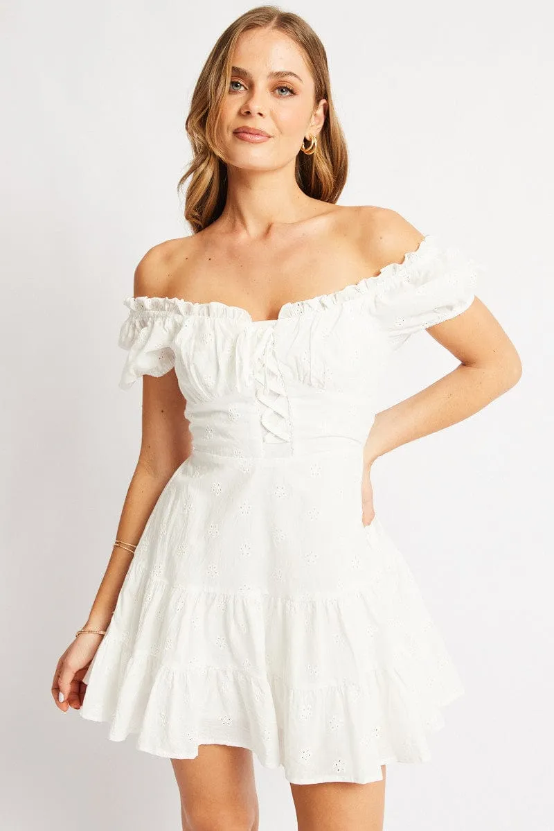 White Fit And Flare Dress Short Sleeve Eyelet Fabric