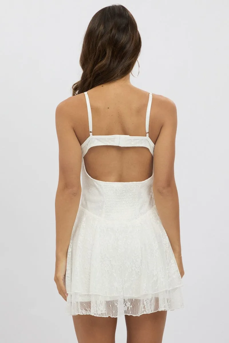 White Fit And Flare Dress Strappy Lace