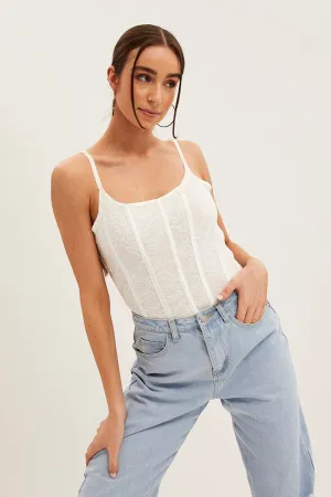 White Floral Lace Boned Corset One Piece Bodysuit