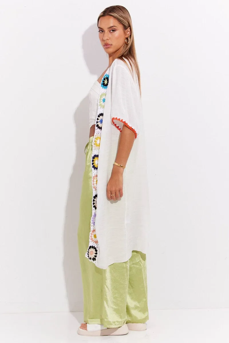 White Short Sleeve Kimono Embroidered