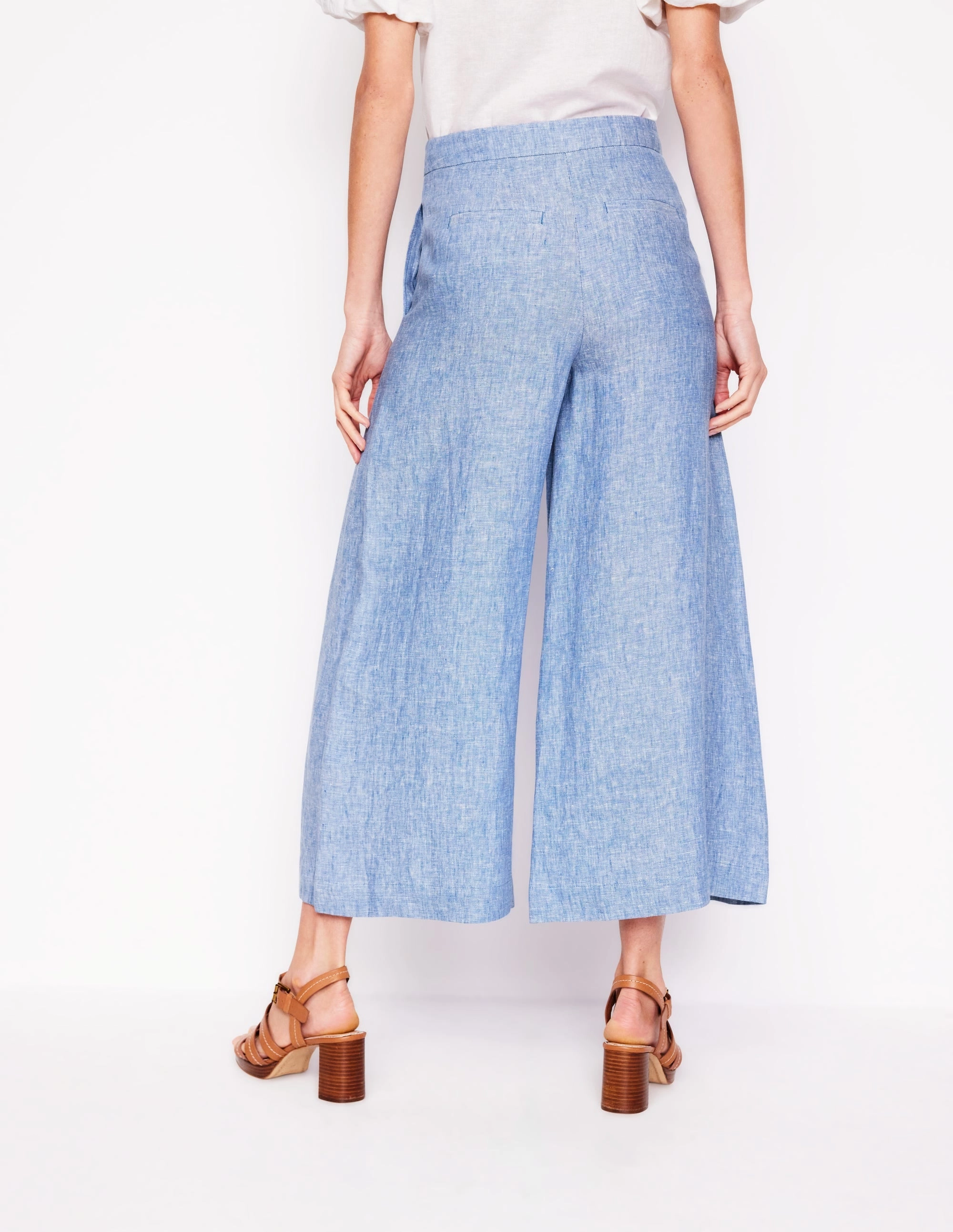 Wide Crop Linen Trousers-Grey Blue Chambray