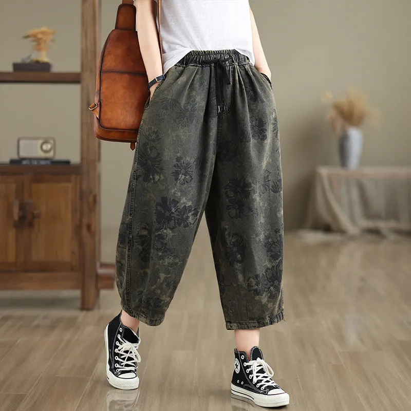 Women Spring Retro Denim Printed Floral Harem Pants