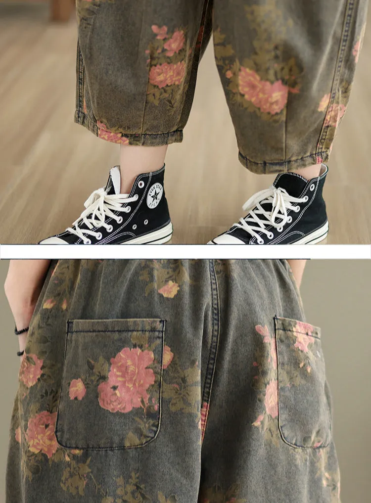 Women Spring Retro Denim Printed Floral Harem Pants