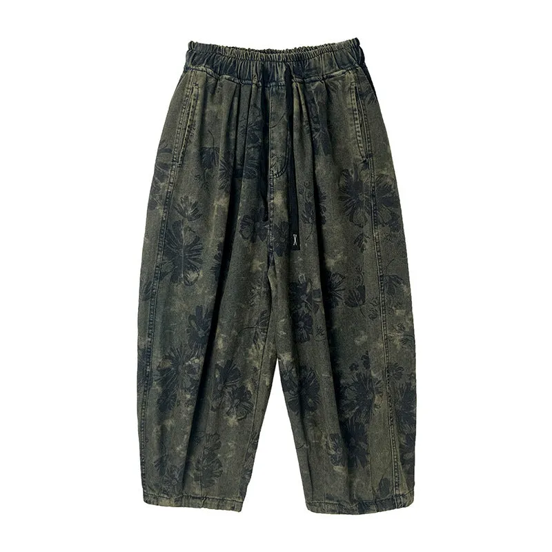 Women Spring Retro Denim Printed Floral Harem Pants