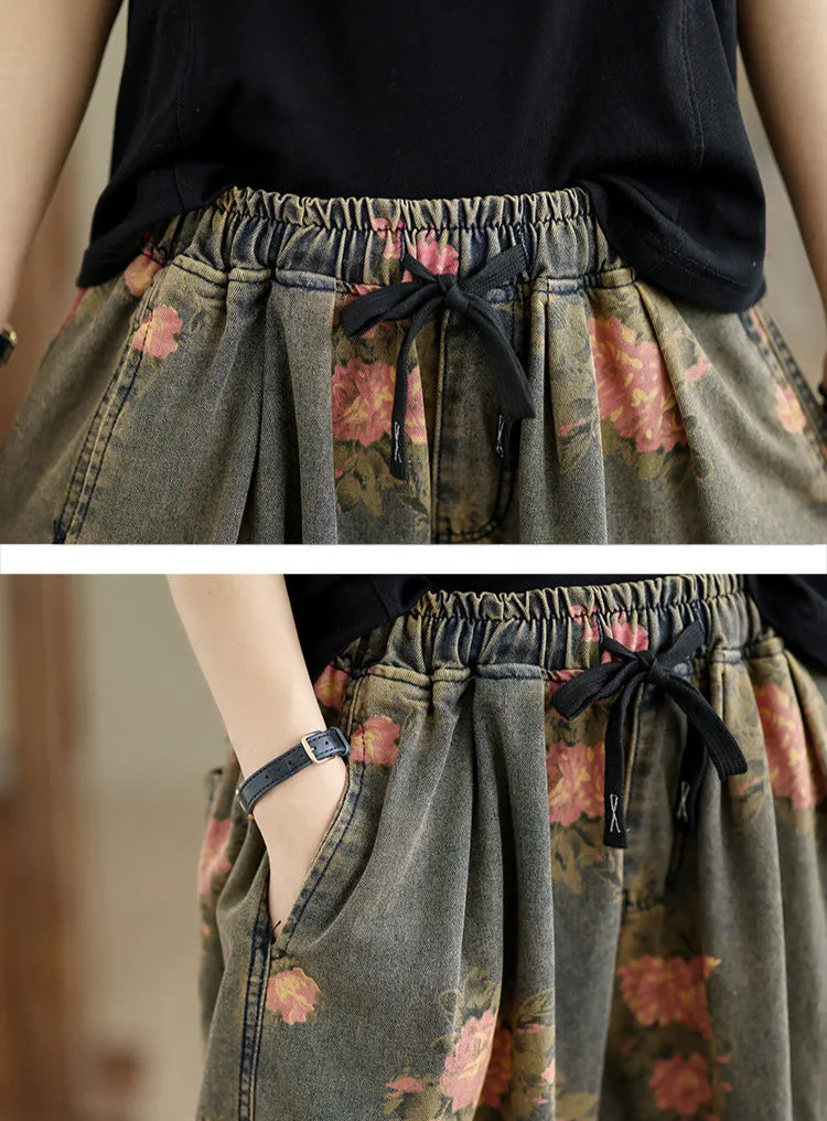 Women Spring Retro Denim Printed Floral Harem Pants
