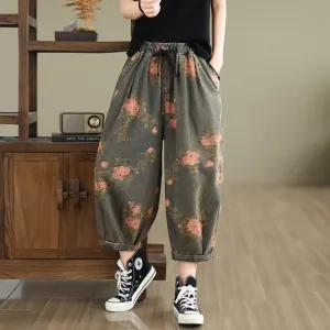 Women Spring Retro Denim Printed Floral Harem Pants