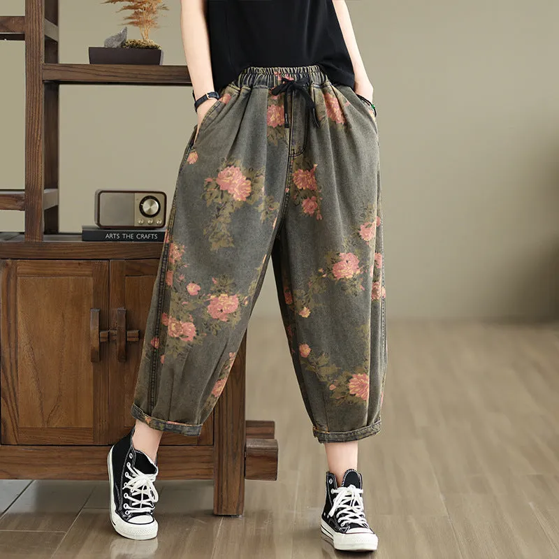 Women Spring Retro Denim Printed Floral Harem Pants