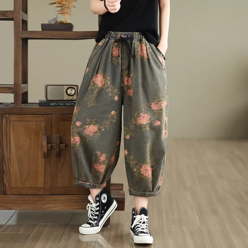 Women Spring Retro Denim Printed Floral Harem Pants