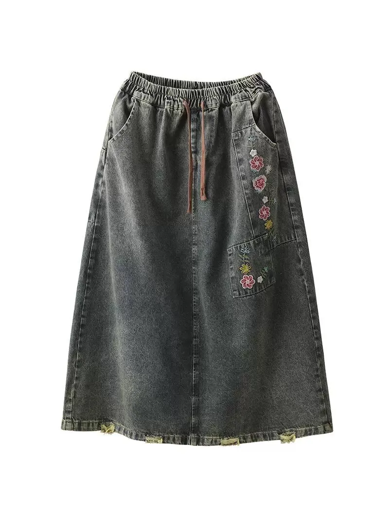 Women Spring Vintage Denim Embroidered Floral A-Line Midi Skirt