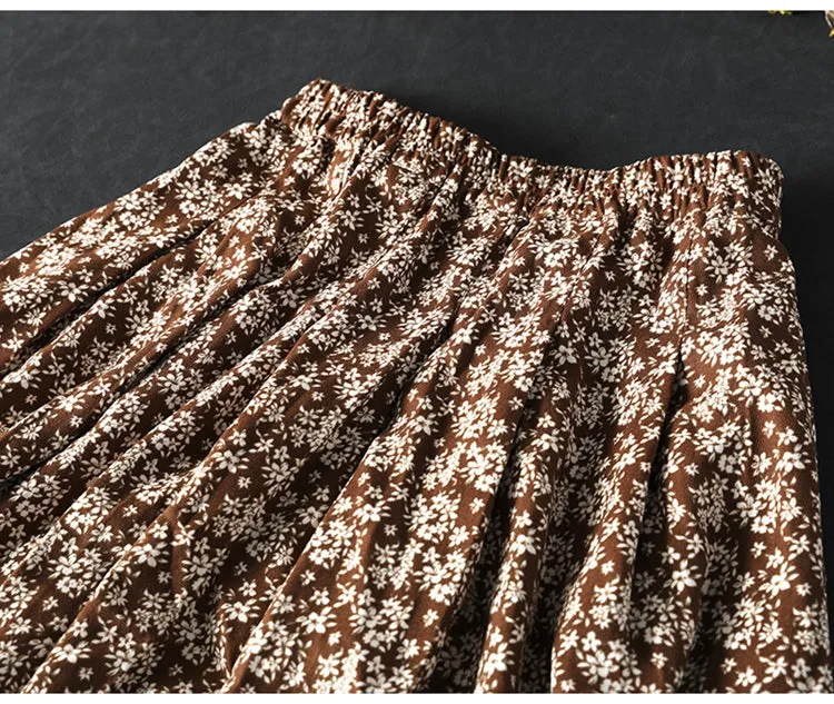 Women Spring Vintage Printed Floral Cotton A-Line Skirt