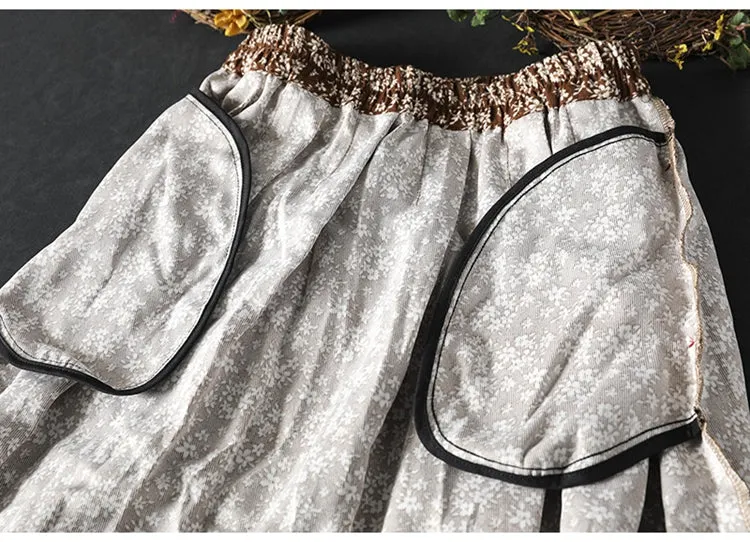 Women Spring Vintage Printed Floral Cotton A-Line Skirt